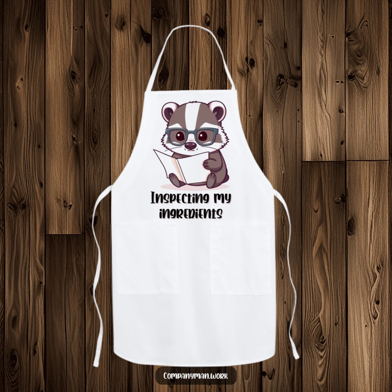 Funny apron with a determined badger wearing reading glasses, ready to cook, ideal for humorous kitchen sessions.