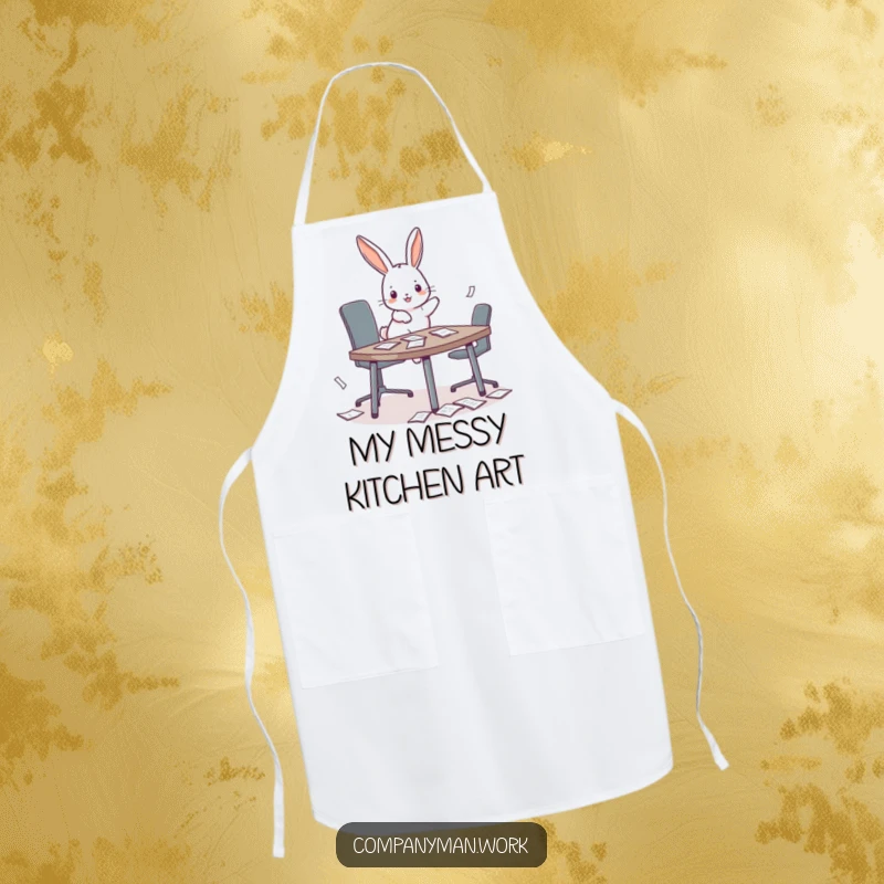 Funny playful bunny hopping onto a miniature conference table, scattering papers on a kitchen apron, adding office humor.