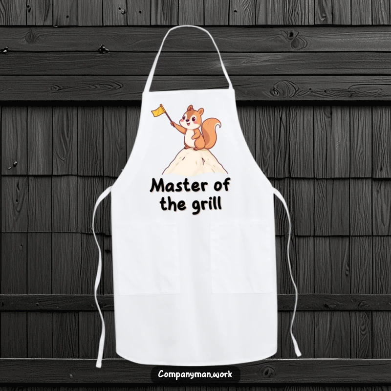 Funny apron with an excited squirrel waving a flag at a summit, ideal for cooking with a celebratory and humorous spirit.