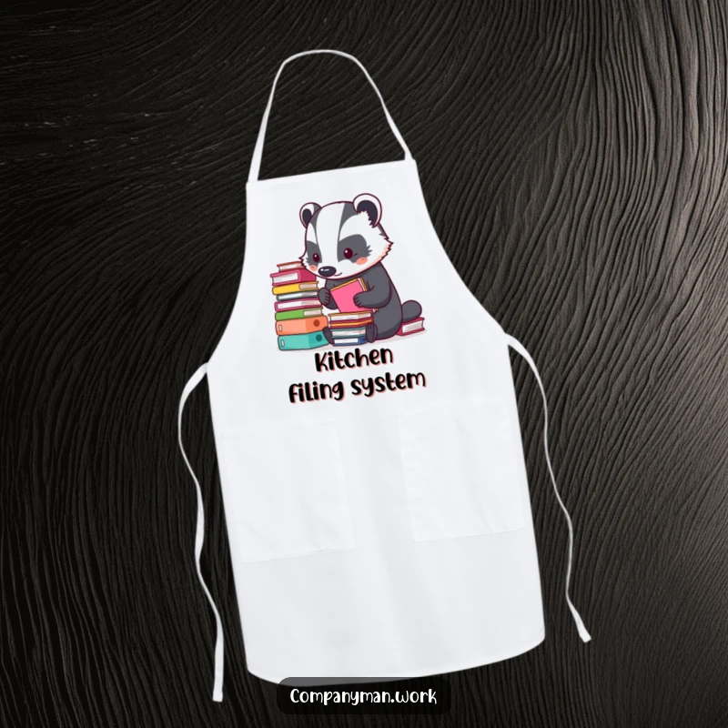 Funny apron featuring a busy badger meticulously organizing tiny stacks of colorful folders. A humorous kitchen accessory for the organized cook.
