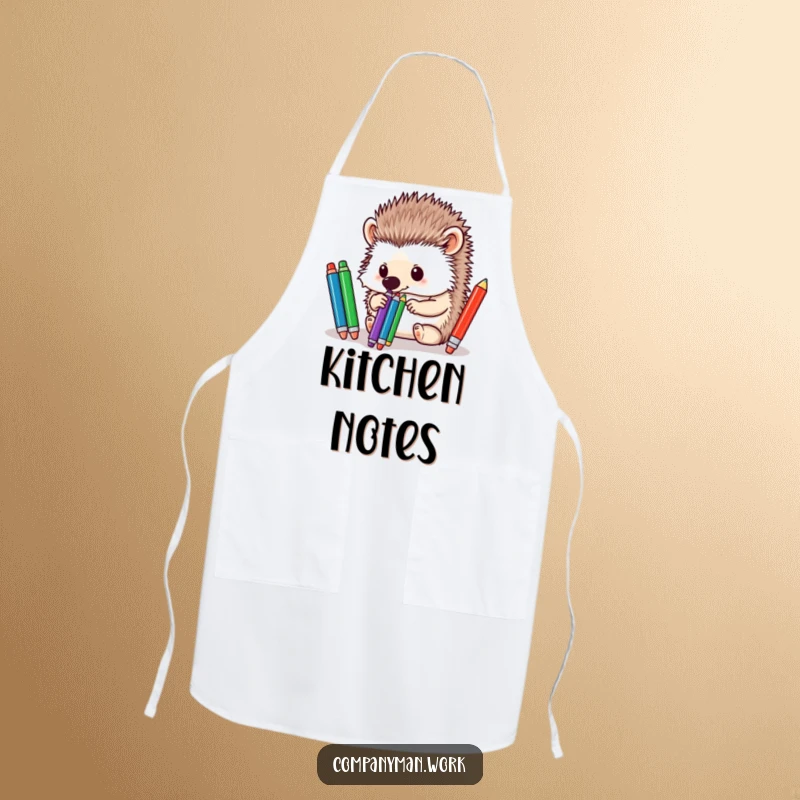 Funny hedgehog using its nose to sort pens, adding a charming and practical element to this apron.