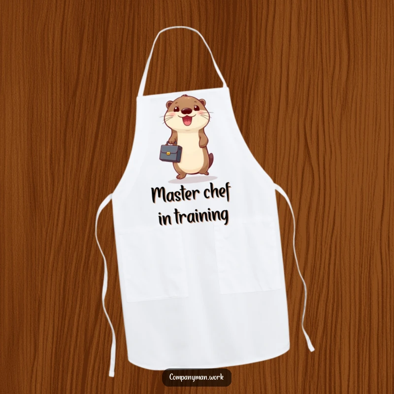 Funny apron showing a cheerful otter holding a tiny briefcase and jumping up and down, a comical kitchen accessory.