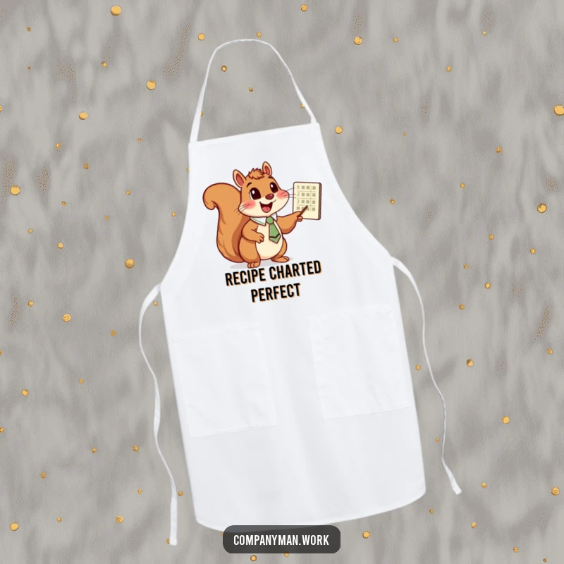 Funny squirrel with a tie pointing at a chart, on a durable apron, promoting a functional and funny gift.