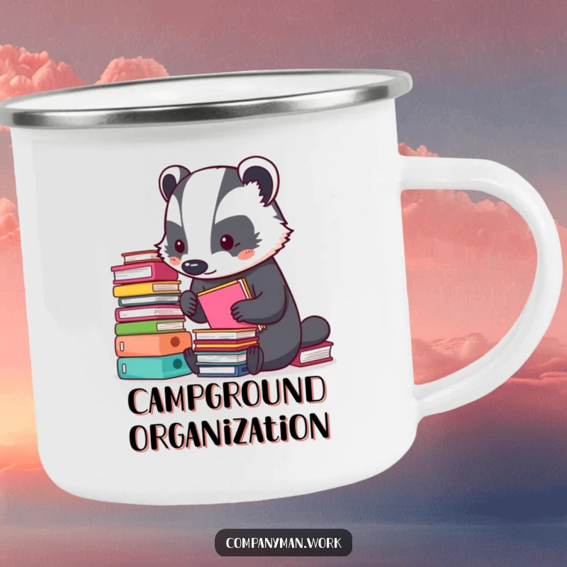 Funny camping mug featuring a busy badger meticulously organizing tiny stacks of colorful folders. Durable and humorous for outdoor enjoyment.