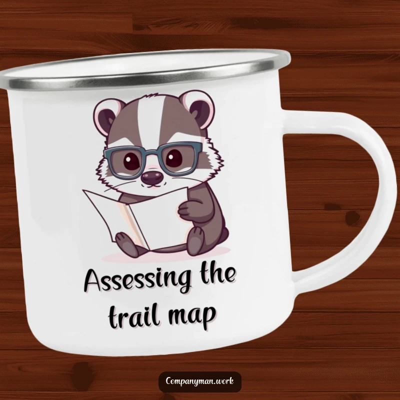 Funny enamel camping mug with a smart badger wearing reading glasses, perfect for outdoor adventures and witty conversations.