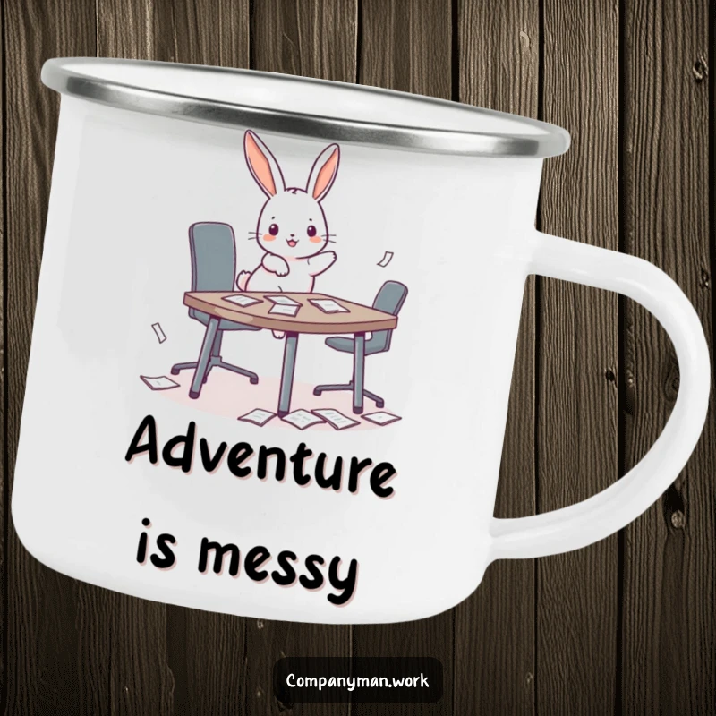Funny playful bunny hopping onto a miniature conference table, scattering papers on a durable camping mug, ideal for outdoor fun.