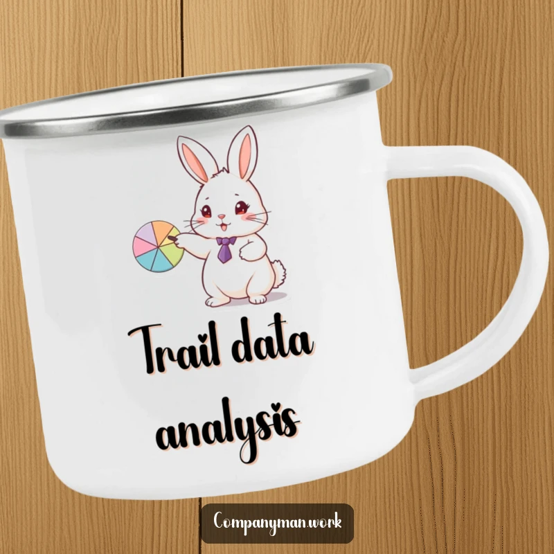 Funny camping mug showing a small rabbit in a tiny tie pointing at a pie chart, great for outdoor business humor.