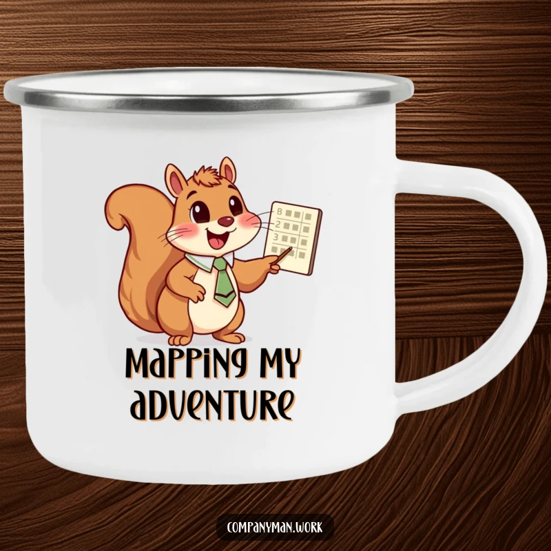 Funny squirrel in a tie pointing at a chart, on a rustic camping mug, perfect for outdoor humor and a funny gift.