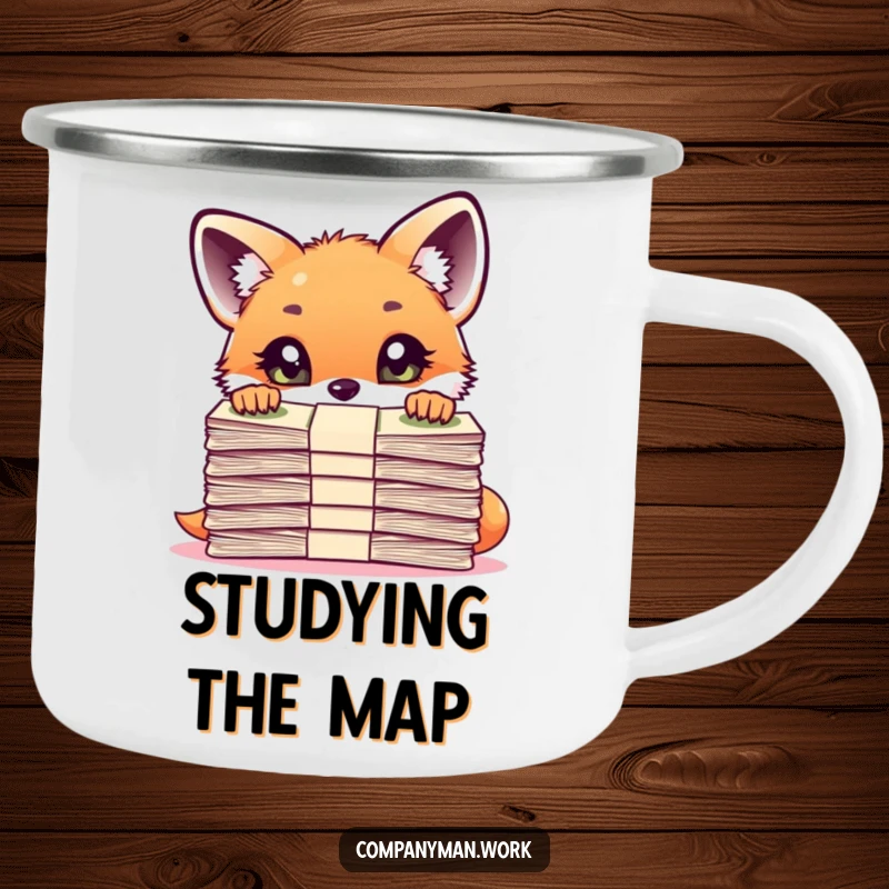 Funny curious fox cub peering over a large stack of documents on a durable camping mug, ideal for outdoor observers.