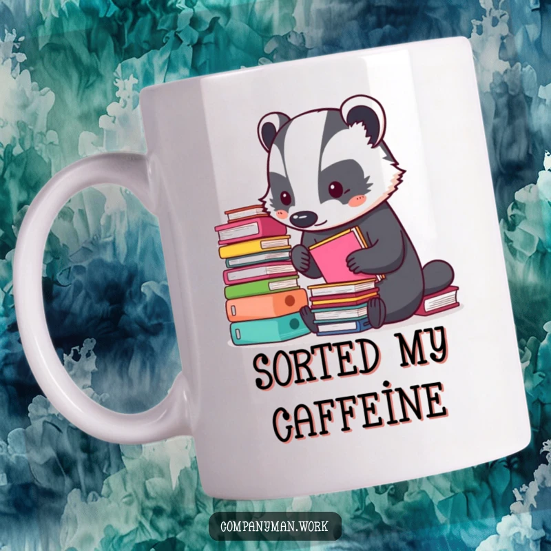 Funny mug featuring a busy badger meticulously organizing small stacks of colorful folders. Symbolizes organization and dedication. Great gift.