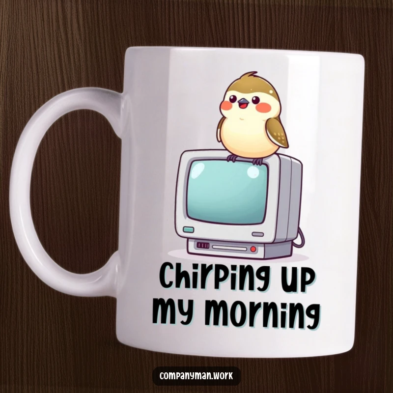 Funny chickadee perched on a tiny computer monitor, chirping with delight, embodying cheerful tech enthusiasm.