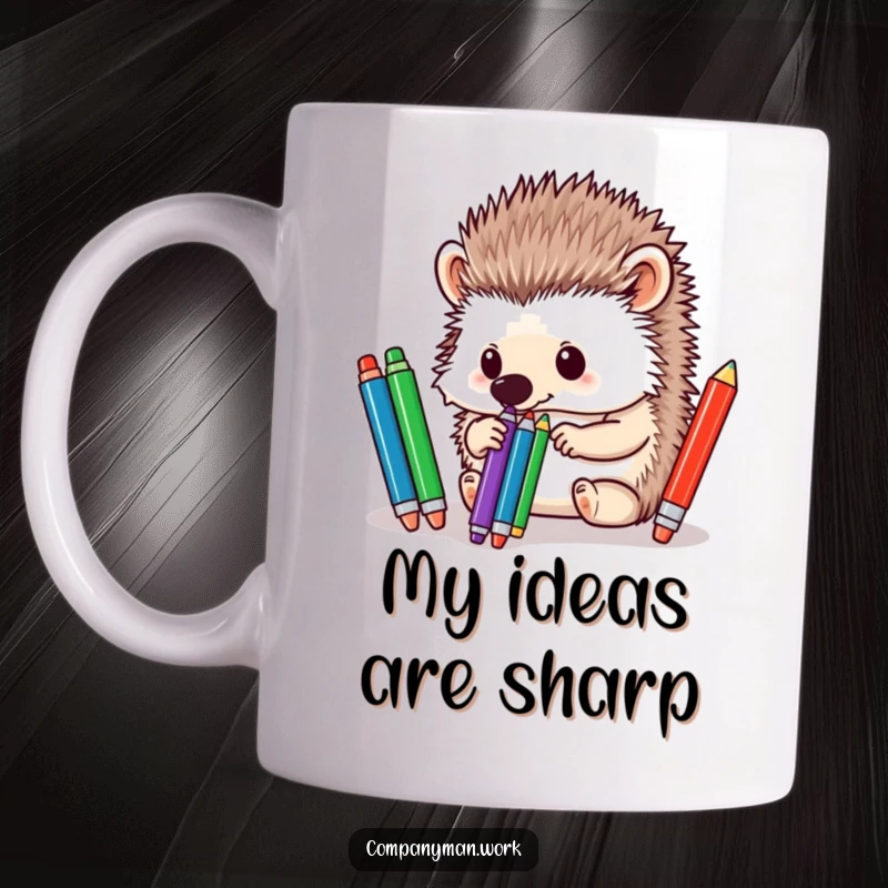 Funny hedgehog using its nose to sort colorful pens with intense focus, embodying organization and charm.