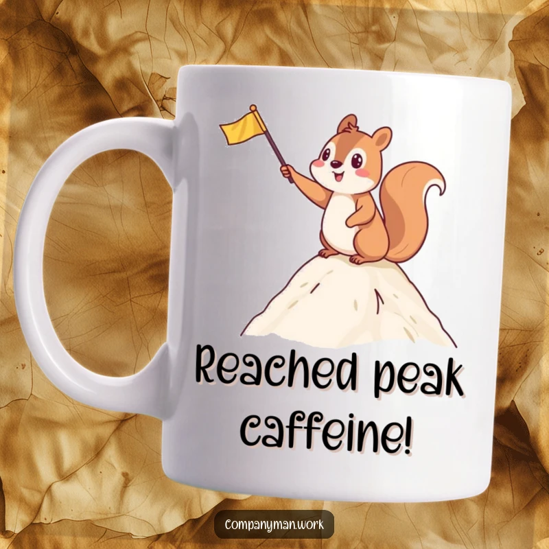 Funny mug with a happy squirrel waving a tiny flag at a summit, representing achievement and playful celebration.