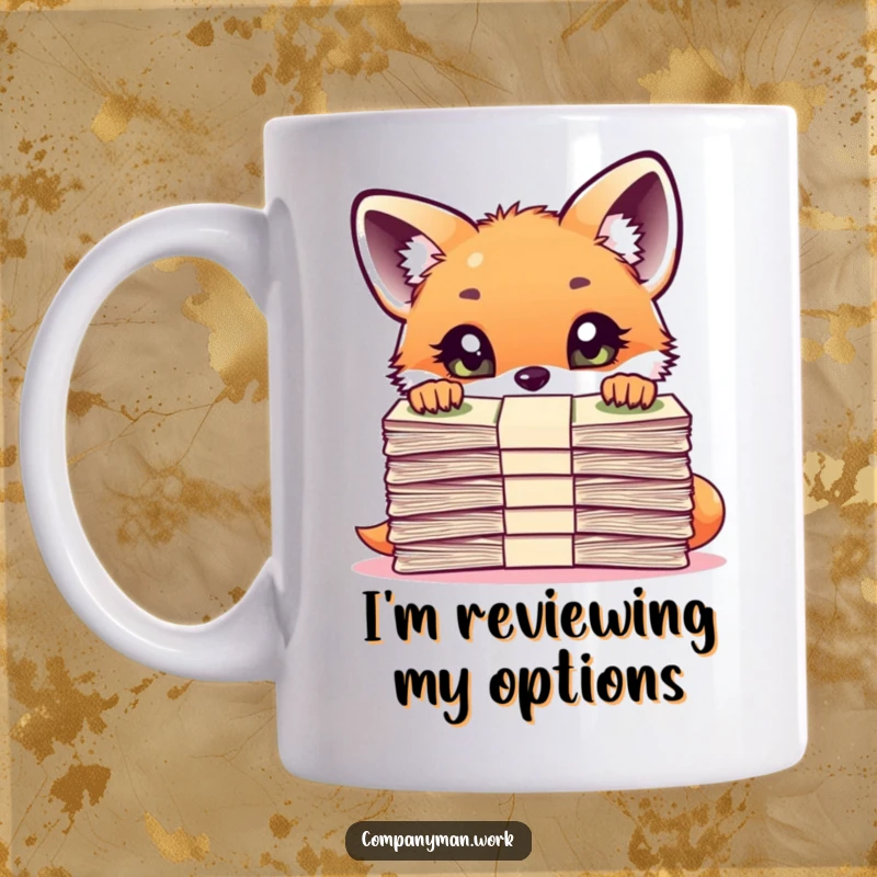 Funny curious fox cub peering over a large stack of important documents on a coffee mug, representing playful investigation.
