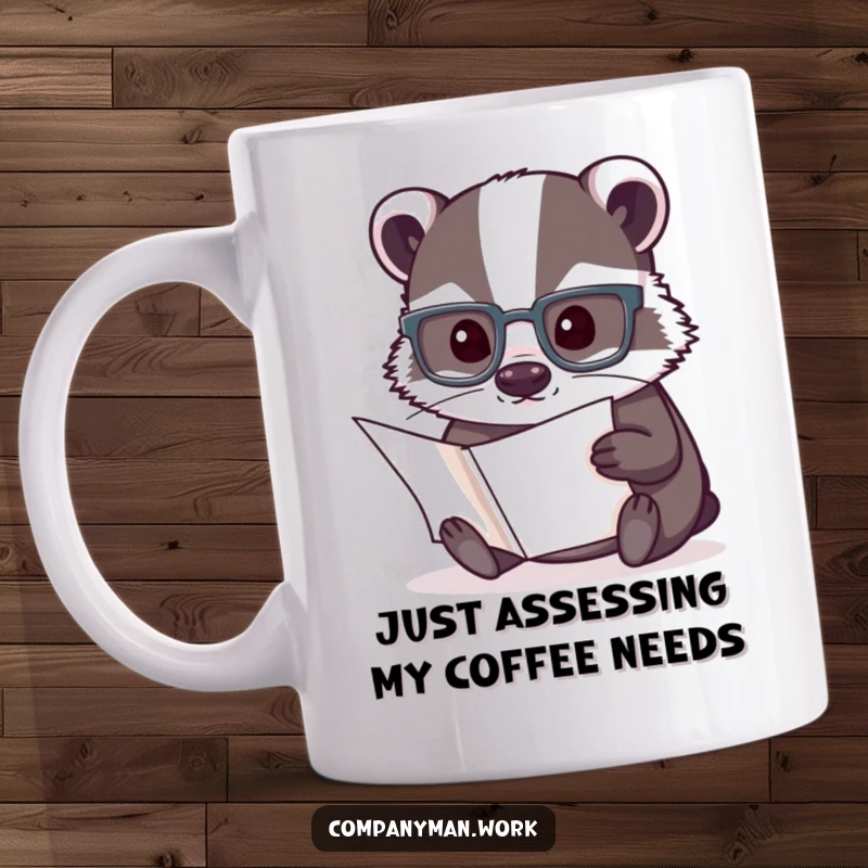 Funny mug with a smart badger wearing reading glasses, intensely focused on a document, symbolizing intelligence and humor.