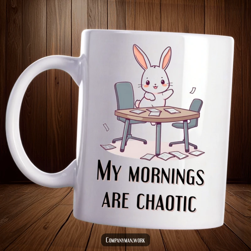 Funny playful bunny hopping onto a miniature conference table, scattering papers on a coffee mug, symbolizing office mischief.