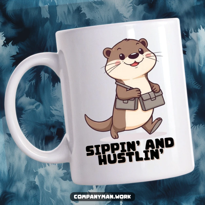 Funny happy otter with a small briefcase walking determinedly, on a mug, ideal for a funny gift.