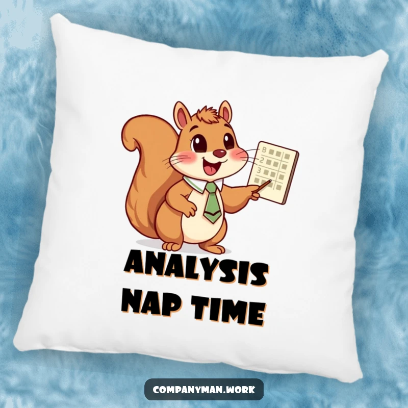 Funny squirrel with a tie pointing at a chart, depicted on a soft pillow, excellent funny gift.