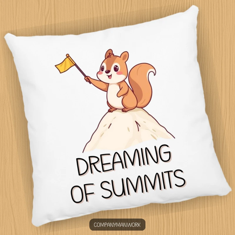 Funny pillow with a playful squirrel waving a flag at a summit, offering cozy comfort and a sense of accomplishment.