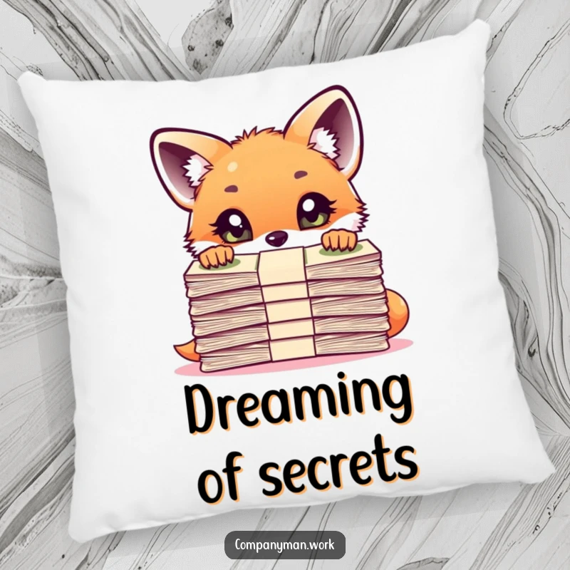 Funny curious fox cub peering over a large stack of important documents, featured on a soft pillow for curious decor.