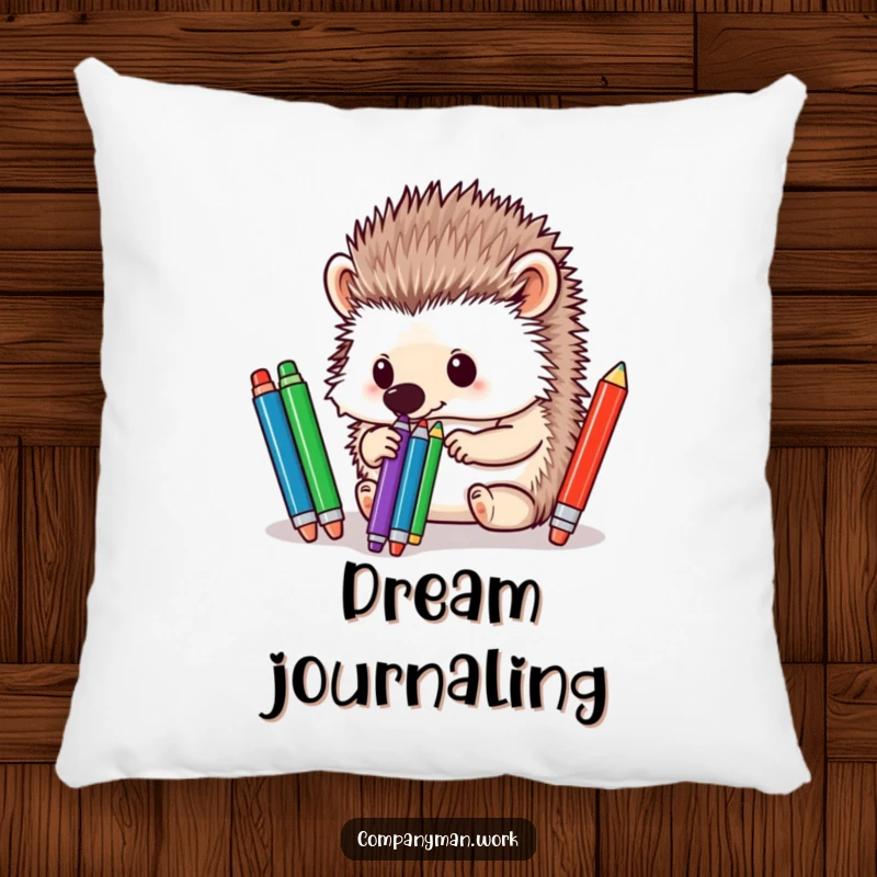 Funny hedgehog diligently sorting pens with its nose, offering plush comfort and a touch of meticulous humor.