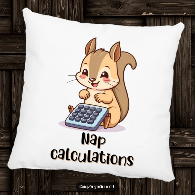 Funny squirrel diligently working on a minuscule calculator, offering plush comfort and a dose of adorable office humor.