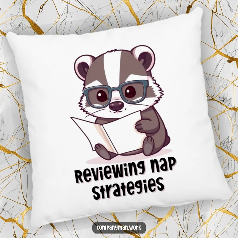 Funny pillow showcasing a studious badger wearing reading glasses, deep in document review, providing plush comfort and humor.
