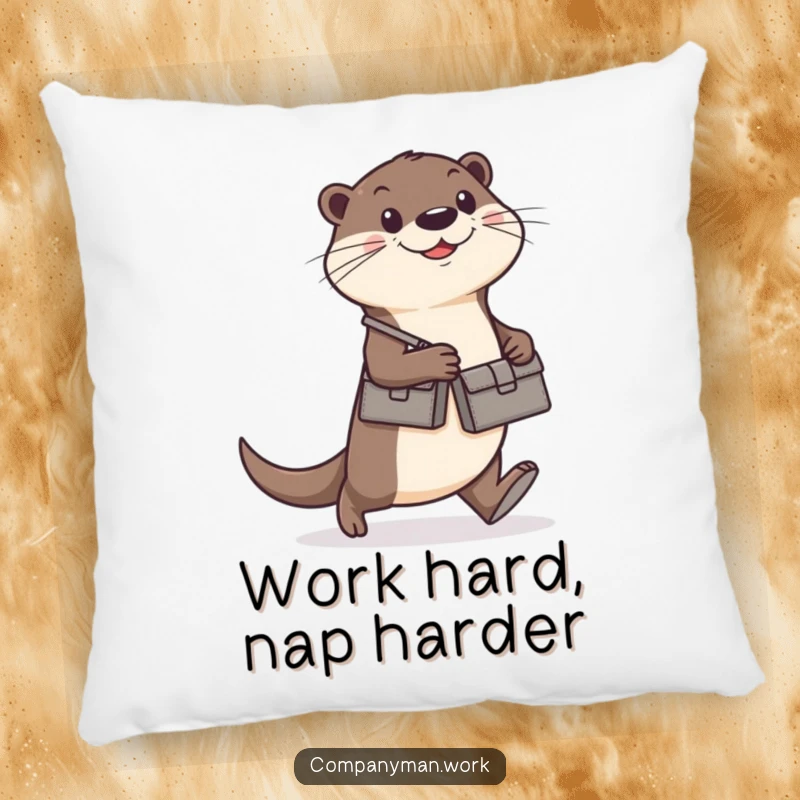 Funny otter with a briefcase walking determinedly, depicted on a soft pillow, excellent funny gift.