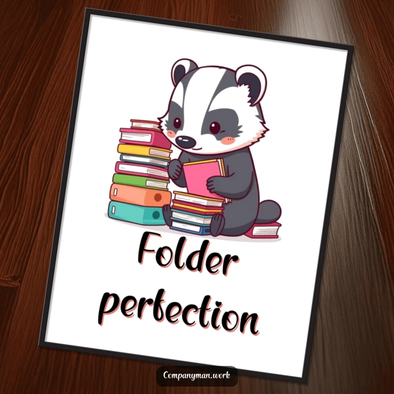 Funny digital art print of a busy badger meticulously organizing tiny stacks of colorful folders. An instant download for humorous decor.