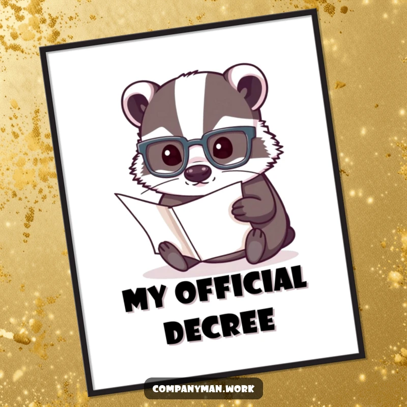 Funny digital art print of a determined badger in reading glasses, meticulously reviewing a document, ideal for intelligent wall decor.
