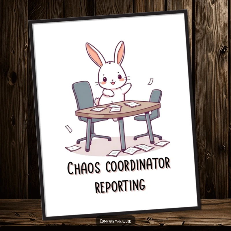 Funny playful bunny hopping onto a miniature conference table, scattering papers, presented as digital wall art for office humor.