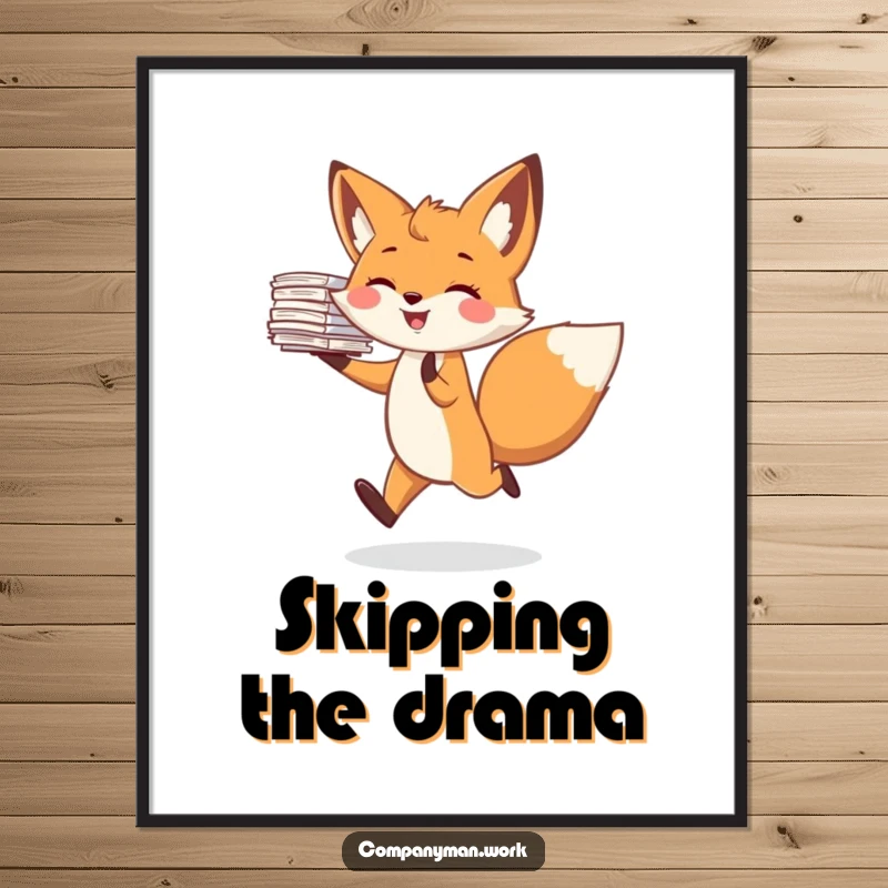 Funny digital art print of a joyful fox character skipping merrily, balancing a stack of papers. An instant download for humorous decor.