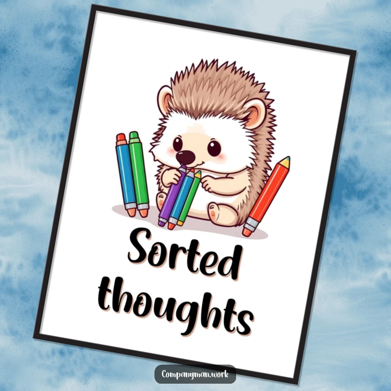 Funny hedgehog meticulously sorting colorful pens with its nose, a whimsical digital art piece celebrating organization and charm.