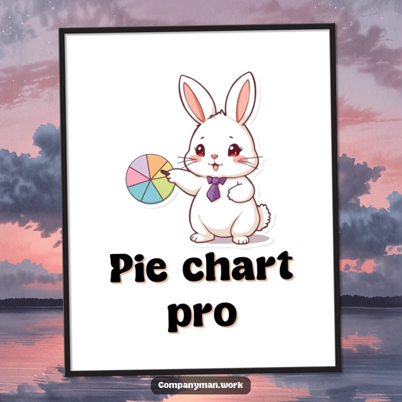 Funny digital art print of a small rabbit in a tie pointing at a pie chart, printable professional artwork.