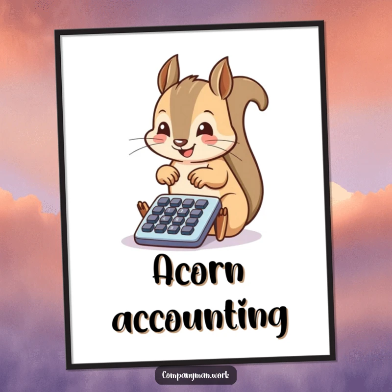 Funny squirrel tapping a tiny calculator, a vibrant digital art piece bringing office humor and woodland cuteness to any frame.