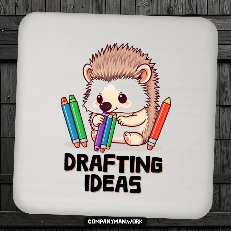 Funny hedgehog meticulously sorting pens with its nose, protecting your surfaces with charm and meticulous attention.