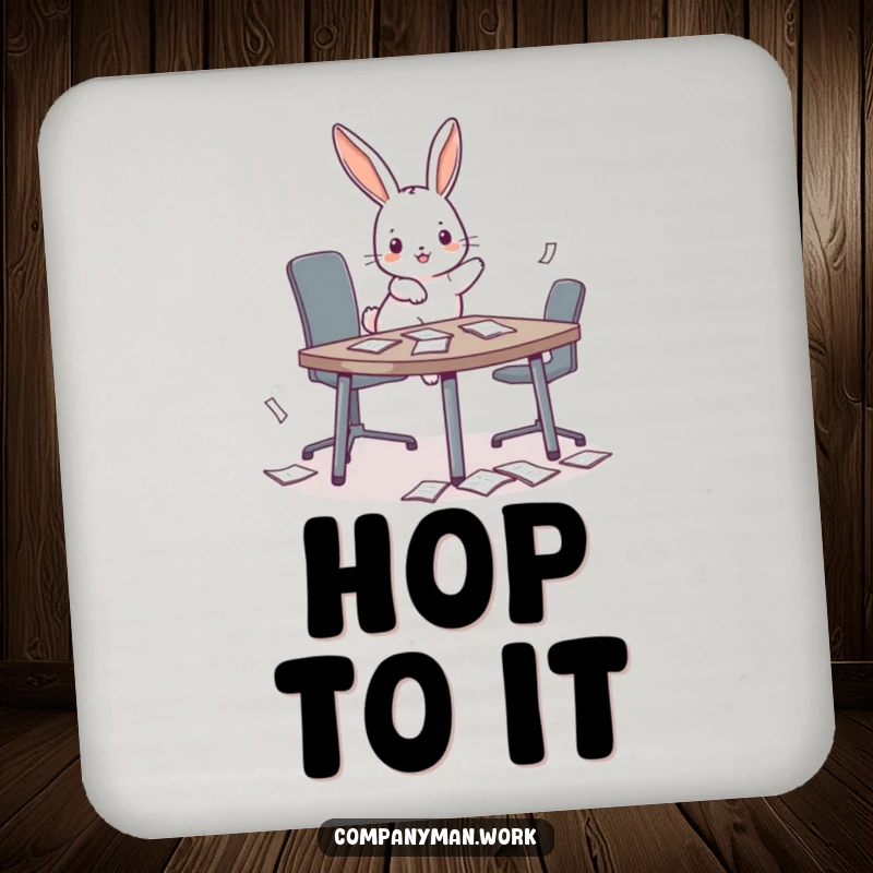 Funny playful bunny hopping onto a miniature conference table, scattering papers on a drink coaster, adding playful humor.
