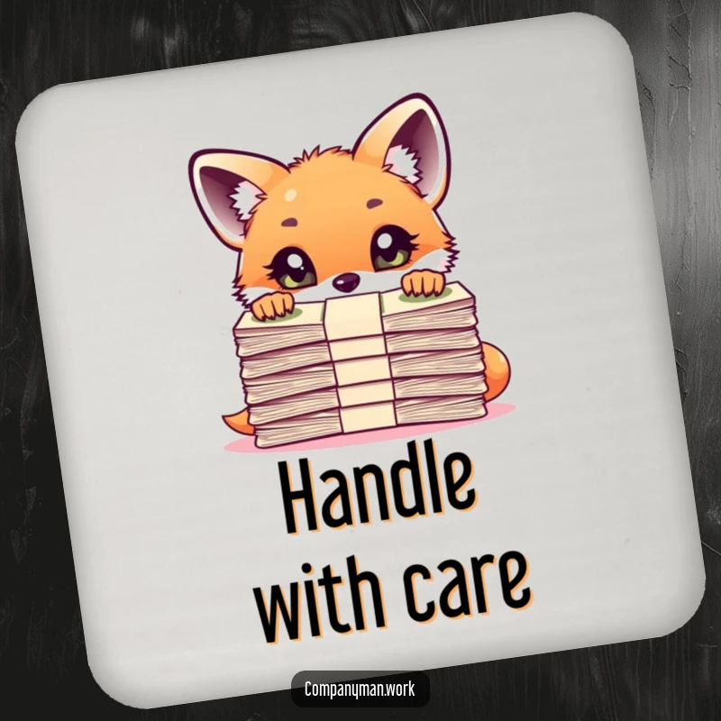 Funny curious fox cub peering over a large stack of documents on a drink coaster, adding observational humor.