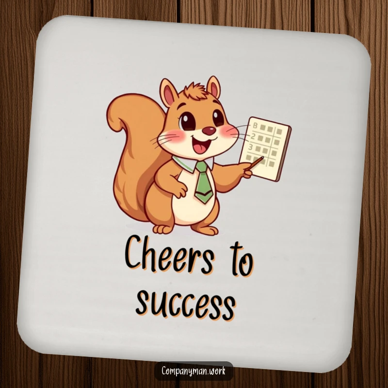 Funny squirrel with a tie pointing at a chart, on a set of drink coasters, offering protection and humor as a funny gift.