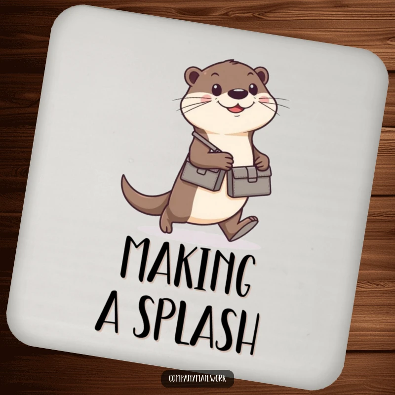 Funny otter with a briefcase walking briskly, on a set of drink coasters, offering protection and humor as a funny gift.