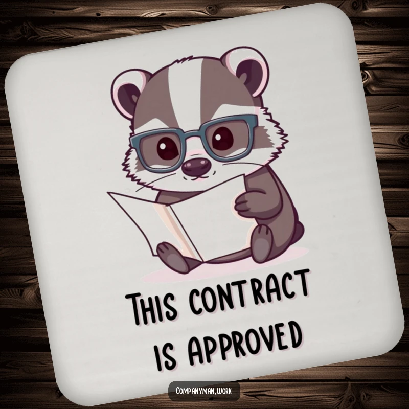 Funny drink coasters with a studious badger wearing reading glasses, protecting surfaces with intellectual charm and humor.