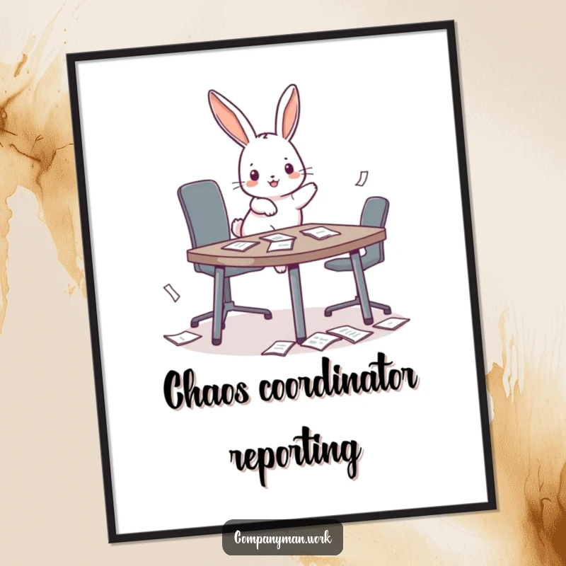 Funny playful bunny hopping onto a miniature conference table, scattering papers in a poster design, representing office fun.