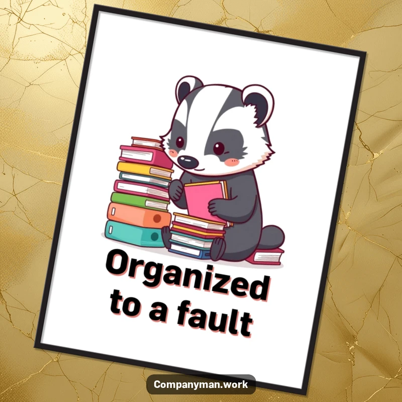 Funny poster of a busy badger meticulously organizing small stacks of colorful folders. A humorous and artistic representation of neatness.