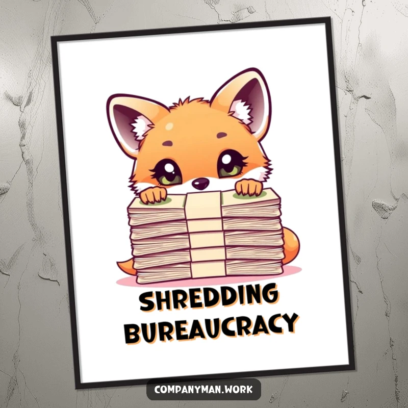 Funny curious fox cub peering over a large stack of important documents in a poster design, symbolizing gentle investigation.