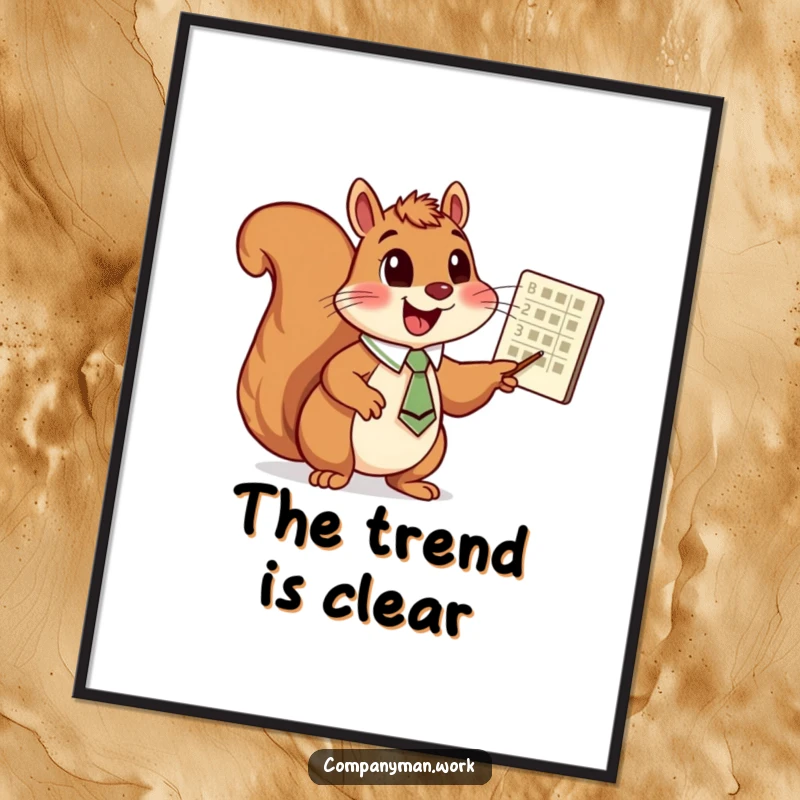 Funny squirrel in a tie, enthusiastically pointing at a data chart, vivid poster art, ideal for humorous wall decor and a funny gift.