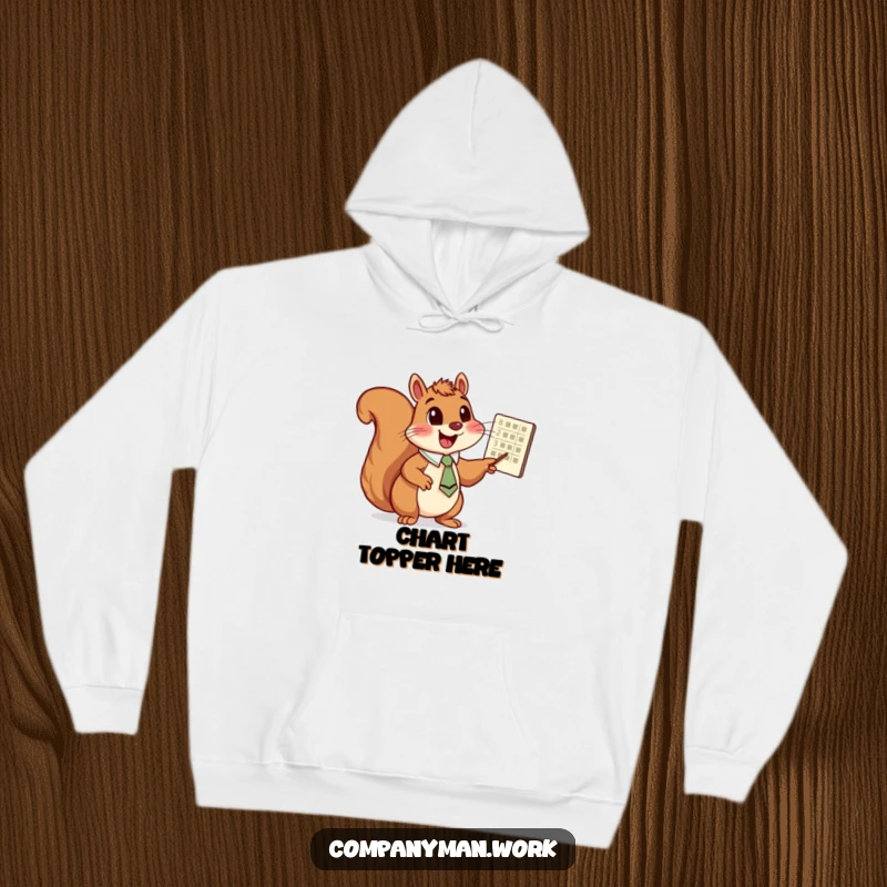 Funny squirrel with a tie pointing at a chart, depicted on a cozy hoodie, perfect funny gift.