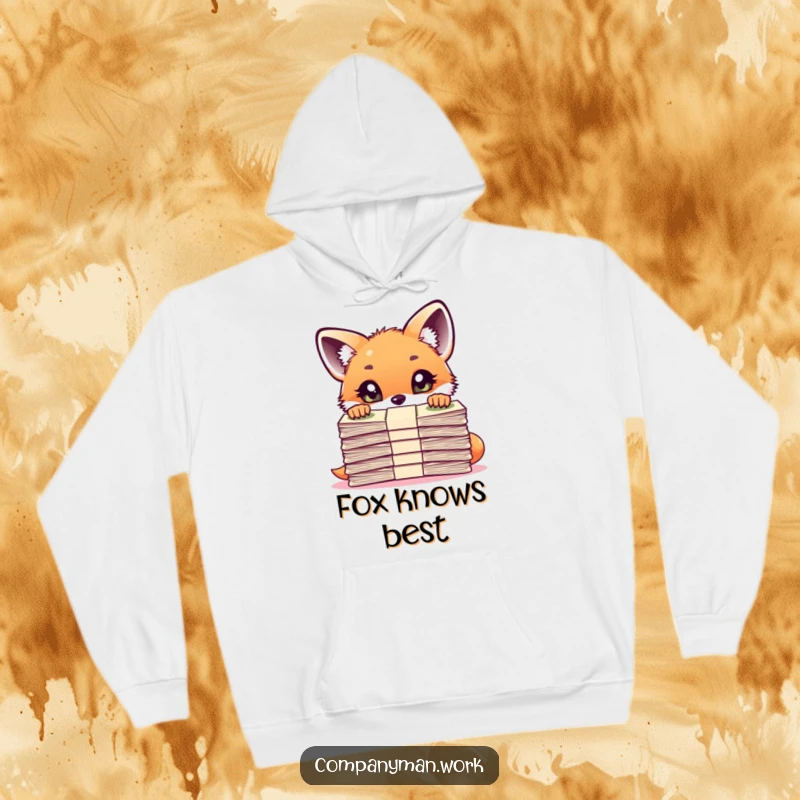 Funny curious fox cub peering over a large stack of important documents, featured on a cozy hoodie for keen observers.