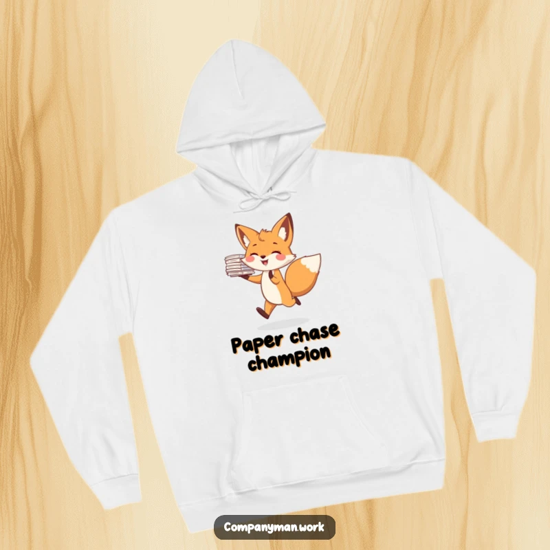 Funny hoodie featuring a happy fox skipping with a large stack of papers, conveying a sense of playful accomplishment. Perfect for cold days.