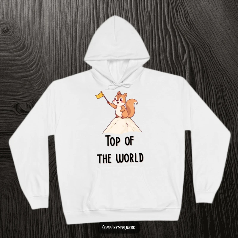 Funny hoodie with a playful squirrel waving a flag atop a summit, symbolizing accomplishment and comfortable celebration.
