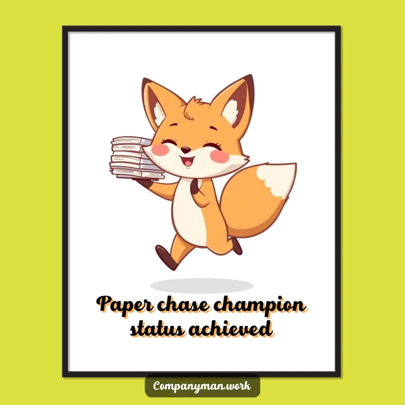 Free Printable Wall Art: Funny Fox Skipping with Papers - Hilarious Downloadable Office Decor